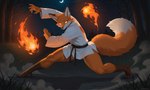 3_toes 5_fingers action_pose anthro barefoot black_belt black_claws black_nose bottomless claws clothed clothing countershade_face countershade_thighs countershading crescent_moon dead_tree elemental_manipulation feet female fingers fire fire_manipulation fireball fluffy fluffy_tail front_view fur glowing glowing_eyes grass head_turned humanoid_feet inner_ear_fluff looking_at_viewer martial_arts martial_arts_uniform moon night on_ground orange_body orange_fur outside plant plantigrade pose raised_heel sky slight_smile smoke snout solo sportswear spread_legs spreading standing thick_thighs toes tree tuft white_clothing yellow_eyes sawmill canid canine fox mammal hi_res signature