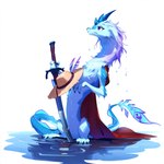 blue_body blue_fur cloak clothing fur hat headgear headwear melee_weapon red_cloak serious standing_in_water straw_hat sword water weapon wet wet_body wet_fur forsaken sisu_(ratld) dragon eastern_dragon furred_dragon mythological_creature