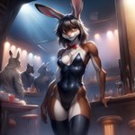 anthro bar black_clothing black_hair black_legwear black_stockings bowtie breasts brown_body brown_eyes brown_fur bunny_costume cleavage clothed clothing container costume countershading cup drinking_glass female fur furniture glass glass_container glass_cup hair inside lagomorph legwear leporid looking_at_viewer mammal multicolored_body multicolored_fur multicolored_hair navel neutron_alchemist partially_clothed public rabbit small_breasts solo standing stockings stool two_tone_body two_tone_fur waitress white_body white_countershading white_fur