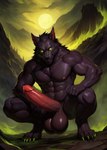 aipinups anthro balls big_balls big_penis black_body black_fur canid canine canis castle crouching feet fog fur genitals glowing glowing_eyes gothic hi_res huge_balls huge_penis landscape male mammal moon mountains outside penis red_penis smoke solo were werecanid werecanine werewolf wolf