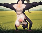 anthro anus areola big_breasts black_body black_fur breasts butt female flexible fur furred_scalie genitals glistening glistening_genitalia glistening_pussy grass handstand hanging_breasts huge_breasts looking_at_viewer multicolored_body multicolored_fur navel nipples nude nude_female outside plant plump_labia presenting presenting_pussy pussy solo splits spread_legs spreading upside_down white_body white_fur anonymous_director mammal scalie hi_res