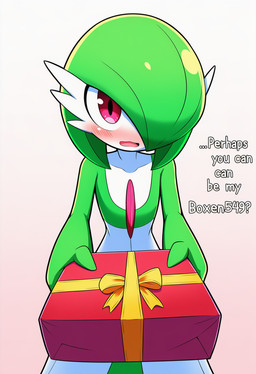 ambiguous_gender blush box clothing container dialogue gift gift_box gift_wrapped hair hair_over_one_eye looking_at_viewer name_drop open_mouth red_eyes simple_background solo talking_to_viewer text white_body boxen549 nintendo pokemon gardevoir generation_3_pokemon humanoid mammal pokemon_(species) hi_res