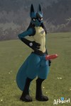 animal_genitalia animal_penis anthro balls big_balls big_penis canine_penis genitals grass grass_field hand_on_hip male penis plant pokemon solo athazieldoesai canid canine generation_4_pokemon lucario mammal pokemon_(species) absurd_res hi_res watermark