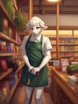 absurd_res anthro apron bovid cane caprine clothing detailed_background fluffy fur girly hi_res looking_at_viewer male mammal pinasheep69 sheep shirt smile solo store topwear wool_(fur)