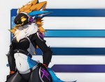 anthro chest_tuft female fur harunamiya machine multicolored_body multicolored_fur protogen robot simple_background solo tuft two_tone_body two_tone_fur