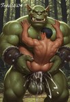 anthro anthro_penetrating anthro_penetrating_human balls black_eyes bodily_fluids cum duo forest genital_fluids genitals green_body human_on_anthro human_penetrated interspecies male male/male muscular penetration penis plant sex size_difference tree tredici04 human humanoid mammal orc hi_res