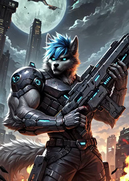 5_fingers aircraft anthro armor biceps black_nose blue_eyes blue_hair bottomwear building city cityscape claws clothed clothing cloud detailed_background fingers fire fluffy fluffy_tail full_moon fur glowing grey_body grey_fur gun hair holding_gun holding_object holding_ranged_weapon holding_weapon light looking_at_viewer machine male moon muscular muscular_anthro muscular_male night outside pants ranged_weapon rifle science_fiction sky skyscraper smoke solo standing tail tuft warrior weapon white_body thebigbradwulf brad_wulf_(thebigbradwulf) canid canine canis humanoid mammal wolf animated detailed digital_media_(artwork) portrait three-quarter_portrait webm