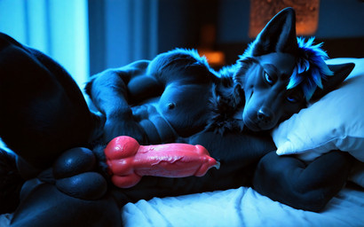 abs animal_genitalia animal_penis anthro balls bed bedroom bedroom_eyes blue_eyes canine_genitalia canine_penis furniture genitals hand_on_chest head_on_pillow highlights_(coloring) looking_at_viewer lying male narrowed_eyes on_side penis pillow pillow_grab pillow_hug seductive solo spread_legs spreading midnightwolf hi_res