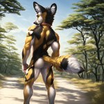 absurd_res african_wild_dog anthro bumblebee95 butt canid canine collar detailed detailed_background detailed_fur fluffy fluffy_tail hi_res male mammal muscular realistic rear_view solo