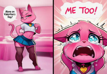 4_toes anthro bed bedroom_eyes black_clothing blue_bottomwear blue_clothing blue_eyes blue_skirt blush bodily_fluids bottomwear clothed clothing collar crop_top crying dialogue eyebrows eyelashes feet female female_anthro fingers fur furniture hand_on_hip head_tuft heart_symbol holidays inside legwear looking_at_viewer midriff miniskirt monotone_body narrowed_eyes navel open_mouth pink_body pink_fur school_uniform seductive shirt skirt smile solo speech_bubble standing stockings tail tears teeth text thigh_highs toeless_legwear toes tongue topwear tuft uniform white_clothing white_topwear gridanon valentine's_day domestic_cat felid feline felis mammal comic digital_media_(artwork) english_text hi_res novelai