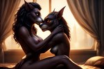 anthro areola bed bedroom black_body black_fur blizzard_entertainment breasts canid canine duo female female/female fur furniture hugging kauket mammal nipples nude side_view warcraft were werecanid werecanine worgen world_of_warcraft