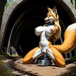 anthro automated_injection_device bodily_fluids breast_grab breasts canid canine exhibitionism female fox genital_fluids genitals hand_on_breast mammal niko public public_exposure pussy pussy_juice reyneke solo tunnel willing_prey