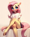 anthro blush bottomwear breasts clothing crossed_legs equid equine female fluttershy_(mlp) foxlover7796 hi_res horse mammal miniskirt my_little_pony pony shirt sitting skirt small_breasts solo t-shirt topwear young