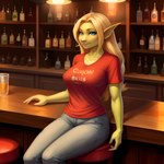 absurd_res bar blonde_hair bottomwear clothing denim denim_clothing female gargoyle green_body green_skin hair hi_res humanoid jeans pants smile smiling_at_viewer solo twinklespark