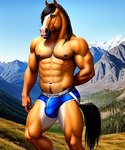 abs anthro biceps black_eyes black_hair black_mane black_nipples black_tail blue_clothing blue_underwear bottomwear briefs brown_body brown_ears bulge clothed clothing countershade_thighs countershading detailed_background equid equine forest hair horse light_body light_countershading male mammal mane mountains muscular muscular_anthro muscular_male navel nipples nr_union outside partially_clothed pecs plant seductive solo standing tree underwear underwear_bulge underwear_only white_body white_countershading