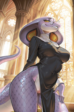 5_fingers anthro athletic athletic_female fangs female fingers genitals nun_habit pussy scalie_tail selena_(acegreysnake) snake_hood solo standing_cathedral teasing teeth nintendo pokemon arbok cobra generation_1_pokemon pokemon_(species) reptile scalie snake hi_res