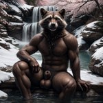 2024 abs animal_genitalia anthro balls biceps black_nose brown_body brown_fur cherry_blossom cherry_blossom_tree cherry_tree chest_tuft forest fruit_tree fully_sheathed fur genitals hot_spring japan male nature neck_tuft nude partially_submerged pecs plant sheath sitting sitting_on_rock snow snow_on_character snow_on_ground solo stable_diffusion tree tuft veiny_arm veiny_muscles water waterfall wet wet_body wet_fur winter monkeyelf_(director) rocket_raccoon mammal procyonid raccoon attempted_signature hi_res