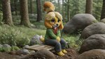 16:9 anthro barefoot bench blonde_hair bottomwear canid canine canis clothing detailed_background domestic_dog feet female forest fur grass hair hi_res isabelle_(animal_crossing) landscape magicalvaporeon mammal pants plant rock shih_tzu shirt sitting solo topwear toy_dog tree wallpaper white_body white_fur widescreen yellow_body yellow_fur