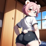 anthro bedroom bottomwear butt clothing femboy girly looking_at_viewer male shirt shorts smug solo solo_focus topwear magicemperor bailey_(magicemperor) mammal ursid hi_res