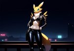 anthro bottomwear bra breasts busty city city_background cleavage clothed clothing female jacket leather leather_bottomwear leather_clothing leather_jacket leather_topwear looking_at_viewer navel night slim_female solo topwear underwear 5tr1k3r digimon_(species) renamon