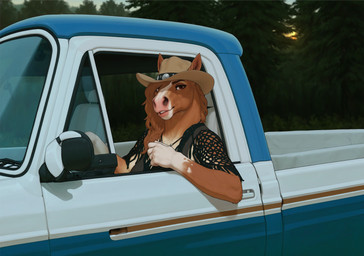 brown_body brown_eyes brown_fur car clothed clothing cowboy_hat detailed_background driving female fishnet fishnet_armwear forest fur hair hat headgear headwear jewelry looking_at_viewer outside plant smile solo tree truck_(vehicle) vehicle otteranon equid equine horse mammal hi_res