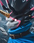 anthro bandai_namco belt belt_buckle black_body black_sclera blue_clothing cape clothing collar_bell debris digimon digimon_ghost_game glowing glowing_eyes horn male solo purrfectlyai digimon_(species) gulusgammamon scalie absurd_res hi_res portrait