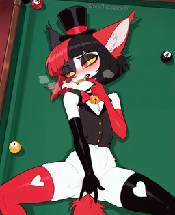 anthro armwear billiard_table bite bob_cut clothing elbow_gloves female finger_bite finger_in_mouth gloves handwear hat headgear headwear legwear lying masturbation on_back pupils red_eyes slit_pupils solo thigh_highs yellow_sclera djar17 hazbin_hotel absurd_res hi_res