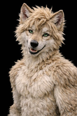 anthro arms_at_sides black_background black_lips black_pupils blonde_hair detailed_fur fluffy fluffy_fur fur green_eyes hair head_tuft lips looking_at_viewer male messy_fur nude open_mouth photorealism pupils realistic realistic_fur short_snout simple_background smile solo standing tan_body tan_fur tuft upper_body 7oxytron canid canine canis domestic_dog hybrid mammal wolf alternate_version_at_source detailed hi_res portrait