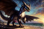 balls beach black_body cbl claws cliff cloud dragon feral genitals green_eyes horn how_to_train_your_dragon male membrane_(anatomy) membranous_wings night_fury open_mouth penis scalie seaside solo sunset toothless western_dragon white_balls white_body wings