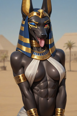 abs anthro armband armlet athletic athletic_anthro athletic_female black_body black_fur black_nose blue_sky blurred_background bracelet breasts cleavage clothed clothing day desert detailed_background egyptian egyptian_clothing egyptian_headdress eye_markings eyebrows eyelashes eyeliner eyeshadow facial_markings female female_anthro front_view fur glistening glistening_body glistening_breasts gold_(metal) gold_jewelry head_markings headdress headgear headwear inner_boob jewelry looking_at_viewer makeup markings medium_breasts muscular muscular_anthro muscular_female navel one_eye_closed open_mouth outside palm_tree plant pyramid red_eyes sand sky smile snout solo teeth tongue tongue_out tree under_boob uraeus usekh wink winking_at_viewer unknown_director anubian_jackal canid canine canis deity jackal mammal half-length_portrait portrait