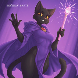 anthro black_body black_eyes black_fur black_tail clothing female fur looking_at_viewer magic purple_clothing smirking_at_viewer solo teeth yellow_sclera leyendas_arts momo_(google) felid feline mammal hi_res