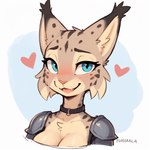 2024 <3 anonymous_director anthro armor attempted_signature blue_eyes blush breasts bust_portrait cheek_tuft choker cleavage clothed clothing facial_tuft felid feline female fur hi_res icon jewelry khajiit lynx mammal necklace portrait prompt simple_background smile solo tan_body tan_fur tuft
