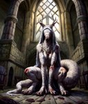 bandage blood bodily_fluids breasts cathedral cleavage clothed clothing female feral fur hi_res horn on_all_fours sitting solo vicar_amelia white_body white_fur