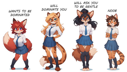 anthro bottomwear clothing female group school_uniform simple_background skirt standing uniform canid canine domestic_cat felid feline felis fox mammal pantherine absurd_res hi_res meme