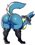 absurd_res anthro bedroom_eyes bent_over big_butt blushing breasts butt butt_focus chest_tuft female generation_4_pokemon hi_res huge_butt lucario narrowed_eyes overweight pokemon_(species) presenting presenting_hindquarters raised_tail seductive simple_background slightly_chubby solo thick_thighs tuft watbangdogi wide_hips