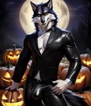 anthro bulge clothing dark_clothing food fruit halloween jack-o'-lantern looking_at_viewer male moon night plant pumpkin solo tight_clothing rinic_(director) canid canine canis mammal wolf