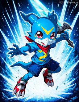 anthro blue_body blue_clothing blue_scales clothing footwear holding_object holding_weapon kerchief male melee_weapon neckerchief red_eyes red_kerchief red_neckerchief scales shoes solo sword weapon bandai_namco digimon digimon_adventure digimon_(species) veemon hi_res