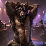 absurd_res anthro armpit_hair black_body black_fur black_nose body_hair brown_body brown_fur canid canine clothed clothing fur group hands_behind_head happy_trail hi_res inner_ear_fluff kareolis looking_at_viewer male mammal presenting red_eyes standing topless tuft