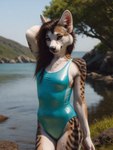 anthro blurred_background brown_hair clothing depth_of_field female hair hill lake one-piece_swimsuit plant solo stable_diffusion swimwear tree water gopossum canid mammal absurd_res hi_res