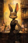 alcohol anthro bar beverage bottle bottomwear brown_body brown_eyes brown_fur claws clothed clothing container cup detailed_background drinking_glass female fully_clothed fur fuzzy_logic glass glass_container glass_cup hi_res inside lagomorph leporid long_ears mammal pink_nose portrait rabbit scut_tail shirt short_tail skirt smile solo tank_top three-quarter_portrait topwear wine_glass