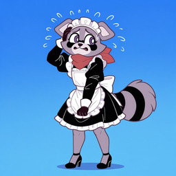 anthro bodily_fluids clothing embarrassed fur grey_body kerchief maid_headdress maid_uniform male open_mouth purple_eyes simple_background solo sweat uniform boxen549 rambley_raccoon mammal procyonid raccoon