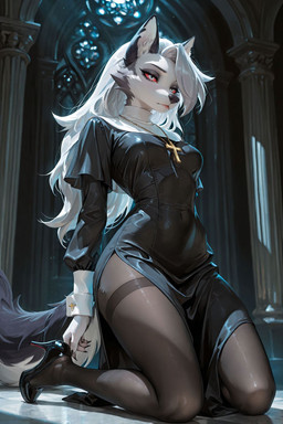 anthro black_clothing cathedral cheek_tuft christian_symbol christianity church clothing cross cross_necklace curvy_figure dark_grey_fur direct_light facial_tuft female fluffy fluffy_tail footwear fur grey_body grey_fur grey_hair hair high_heels hourglass_figure jewelry kneeling legwear long_hair long_nails marbled_texture necklace nun nun_habit on_ground pillar pupils red_sclera religion solo stockings tail tuft white_body white_fur white_pupils anthroai hellaverse helluva_boss loona_(helluva_boss) canid canine mammal detailed hi_res