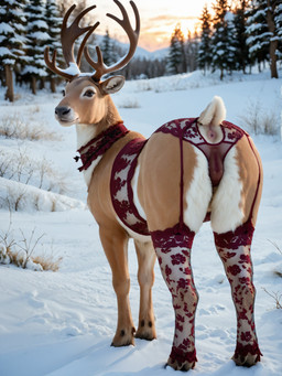 anatomically_correct anus butt female feral fluffy forest garter_straps lace_choker lace_panties lace_stockings looking_at_viewer looking_back plant presenting presenting_hindquarters snow solo solo_focus sunset tree winter_background goldendog cervid cervine mammal hi_res