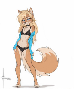 4_toes anthro big_tail black_claws black_eyelashes black_nose blue_eyes bow_bra bow_panties bra breasts chest_tuft claws clothing countershading_fur eyebrows feet female fingerpads fluffy fluffy_fur fluffy_tail fur glistening hair huge_tail lace lace_bra lace_panties legs_slightly_apart looking_at_viewer navel orange_body orange_fur orange_hair panties pawpads pink_pawpads prick_ears simple_background small_breasts smile solo standing tail toes tuft unbuttoned unbuttoned_sweater underwear numeradin canid canine canis mammal wolf full-length_portrait hi_res portrait