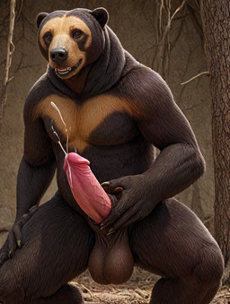 balls big_balls big_penis brown_body brown_fur ejaculation forest fur genitals germparrot grin hand_on_penis male masturbation orgam_face penis plant smile solo solo_focus touching_penis tree humanoid mammal sun_bear ursid ursine