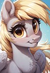 big_eyes blonde_hair cute_expression cute_eyes detailed_eyes female feral fur grey_body grey_fur hair simple_background smile smiling_at_viewer solo wings chacha555 derpy_hooves equid equine horse mammal my_little_pony pegasus pony absurd_res hi_res