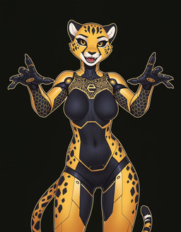 anthro black_background black_body black_claws black_nose black_sclera breasts circuit circuitry claws cybernetic_arm cybernetic_hand cybernetic_leg cybernetic_limb cybernetics featureless_breasts featureless_crotch female finger_claws front_view gold_(metal) happy hexagon honeycomb_(pattern) looking_at_viewer machine mechanical_joints medium_breasts metallic_body navel nude open_mouth open_smile raised_arms rawr simple_background slim smile solo spots standing teeth tongue yellow_body yellow_eyes quantaized mascot_2025 cheetah felid feline living_machine mammal absurd_res hi_res