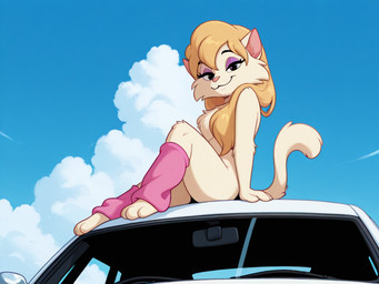 anthro car chest_tuft clothing cloud eyeshadow female fur hair leg_warmers legwear lidded_eyes looking_at_viewer makeup orange_hair outside pink_nose pose semi-anthro sitting sky smile smiling_at_viewer solo tan_body tan_fur tuft vehicle unknown_director heathcliff_and_the_catillac_cats cleo_catillac domestic_cat felid feline felis mammal full-length_portrait portrait