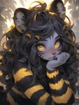 anthro black_hair blush cute_fangs detailed_background female fur grey_body grey_fur hair hand_on_face looking_at_viewer plant solo stripes yellow_eyes sappy_(director) arthropod felid feline insect mammal hi_res portrait