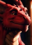 absurd_res beard dragon facial_hair feral happy hi_res looking_away orange_eyes red_body red_scales scales scalie shuffur smile solo tan_body tan_scales